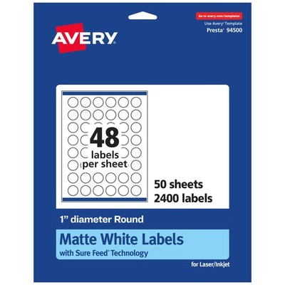 Avery Matte White Round Labels Sure Feed Technology 1 Diameter 2400 Matte White