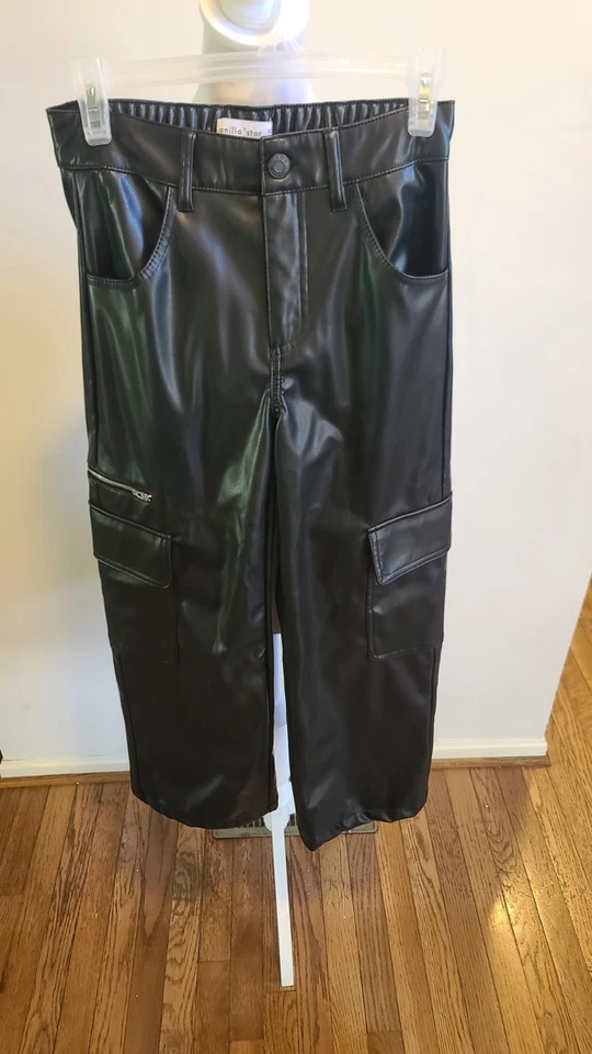 Vanilla Star Black Faux Leather Cargo Pants Size XS Wide Leg Ankle Juniors Girls - Image 2 of 4