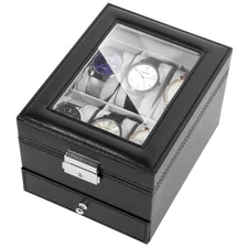 6 Slots Watch Box PU Leather Watch Case Glass Lid Jewelry Storage Display Case