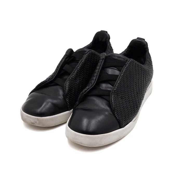 Zegna Black Triple Stitch Pelle Tessuta Leather Men's Sneakers 158617104 [P] - Photo 3/4
