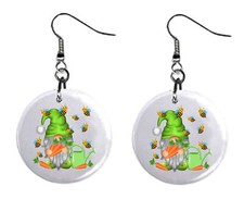 Gnome with Green Bumblebees Button Earrings Jewelry 1" Dangle MADE IN USA NEW