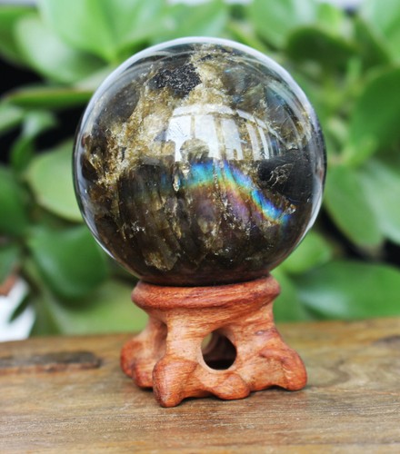 278g Blue & Gold Flash LABRADORITE Crystal Sphere Ball w/Rosewood Stand - Imagen 2 de 10
