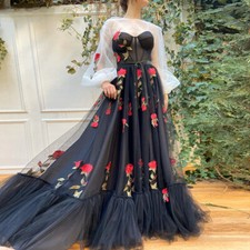 Black Long Sleeves A-Line Evening Dresses Sheer Neck Appliqued Flowers Tiered
