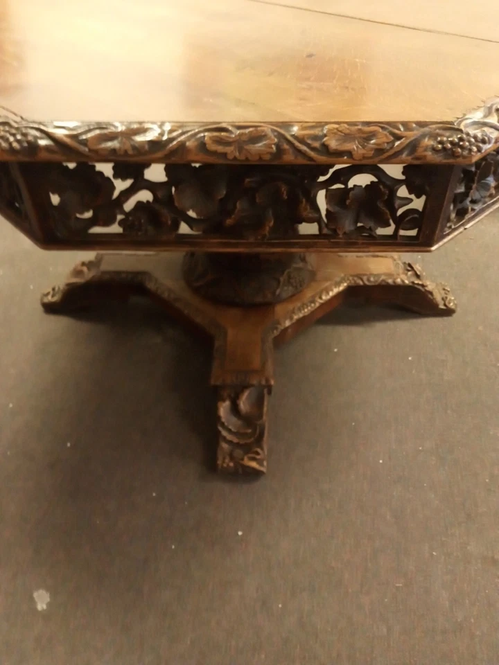 Antique Hand Art Nouveau 19th C Renaissance Gothic Table Carved Octagon 8 Side - Image 3 of 4