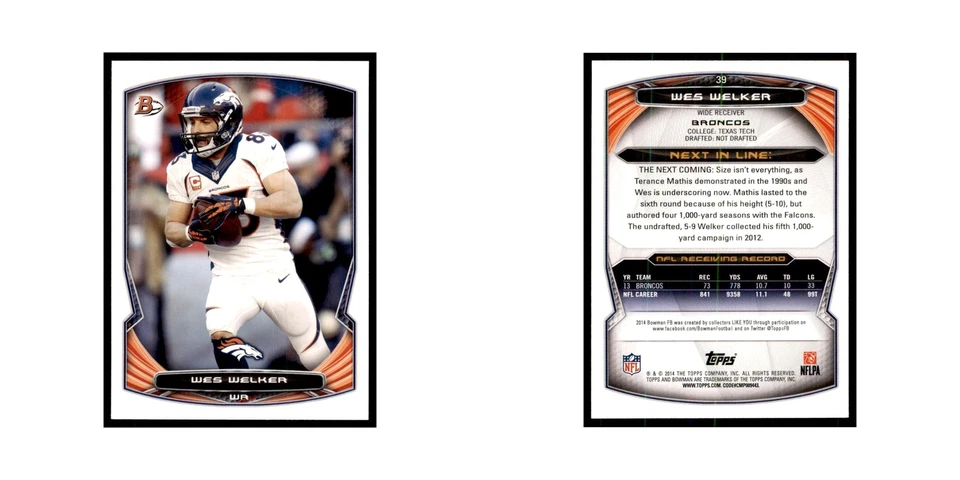 2014 Bowman Wes Welker Football Cards #39 - Image 3 of 3
