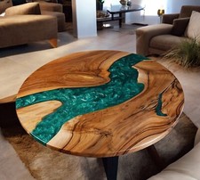 Grüner runder Epoxidharz Couchtisch Natürliches Akazienholz Live Edge Wohndeko