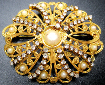 MIRIAM HASKELL Sparkling Ice Rhinestone Faux Pearl Golden Filigree Brooch