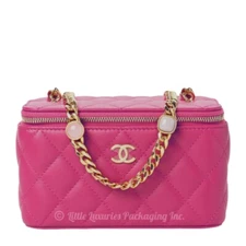NWT Authentic Chanel Fuchsia Pink Lambskin Vanity Case Handbag with Jewel Chain