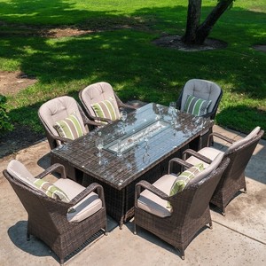 Outdoor Wicker Rectangle Table With 6 Chairs Patio Gas Fire Pit