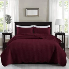 3 Piece Burgundy Quilted Bedspread Set Soft Reversible Coverlet Bed Throw Queen