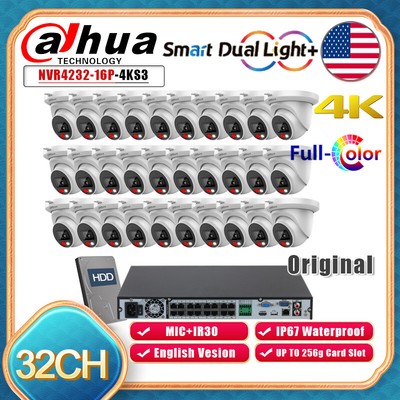 Dahua 32CH 4K 8MP Security IP Camera System POE Full Color+Dual Light AI NVR Lot