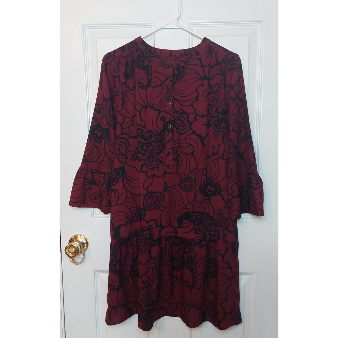 Loft Burgundy Red Black Floral Drop Waist Bell 3/4 Sleeve Mini Dress Size S  | eBay