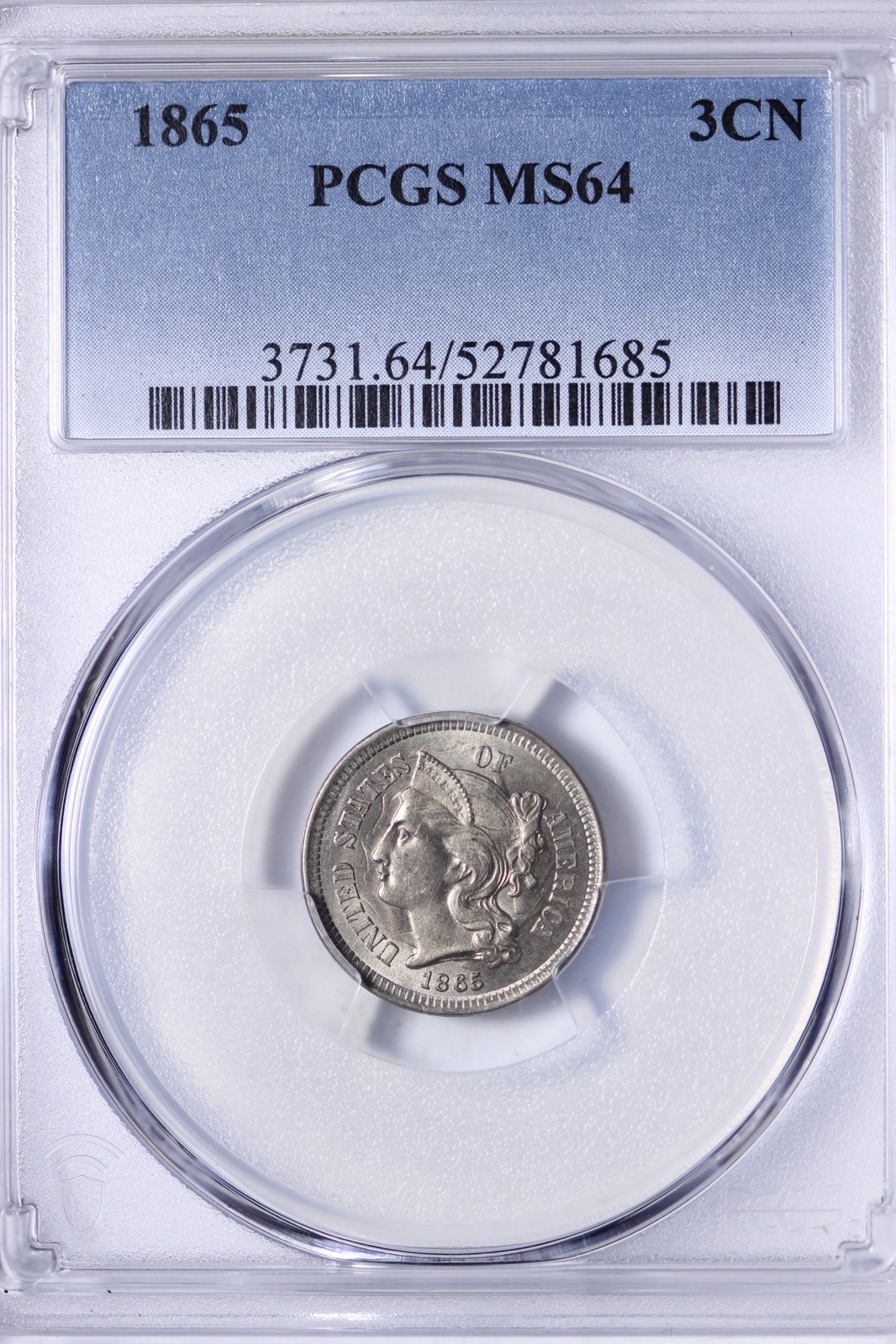 BU 1865 Three 3 Cent Copper Nickel Piece PCGS MS64 XANHM