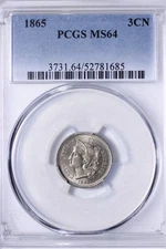 BU 1865 Three 3 Cent Copper Nickel Piece PCGS MS64 XANHM