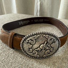 Nocona Belt Co Leather Belt Kids 22 Brown Excellent Bull Rider Trophy Buckle