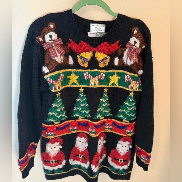 A 90s Marissa Christina tacky-art Christmas sweater — genuinely vintage ugly sweater season gold, not a modern knockoff.