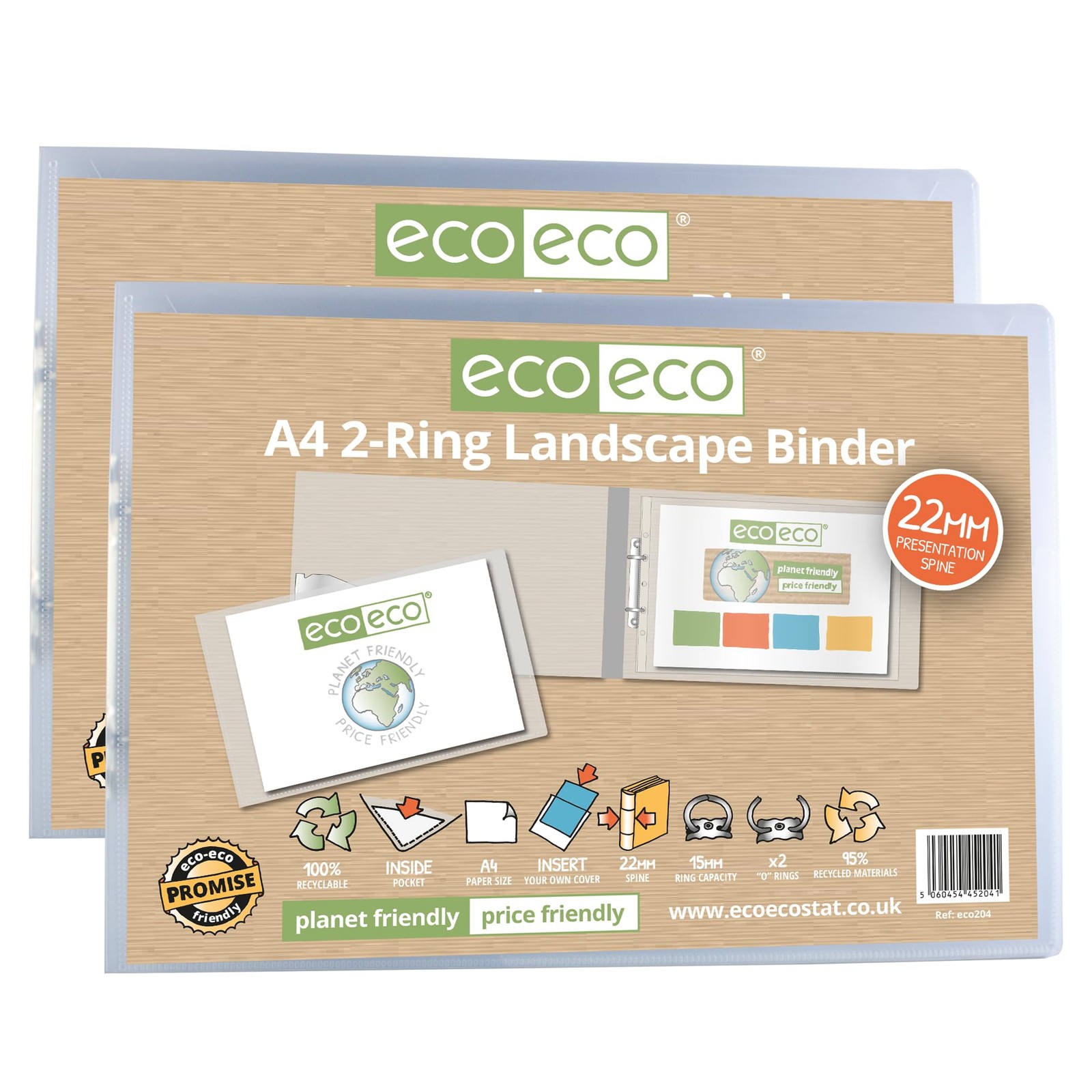 Classeur transparent A4 Eco204x2 recyclé avec 2 anneaux dos 22 mm
