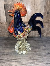 VTG Murano Style Rooster Blue Multi-color Studio Art Glass Figurine, Heavy