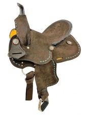 Barrel Style Saddle Chocolate Rough Out with Teal Buck Stitch Full QHB 13" NEW