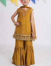 Maria B 3 Piece Embroidered Raw Silk Gharara Suit Rust Color Girls , New with