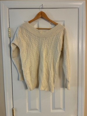iB Diffusion Vtg Women's Wool Angora  Cream Boatneck Off The Shoulder Sweater L