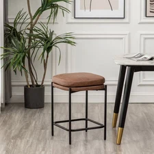 WOVENBYRD Armless Faux Leather Counter Stool Bar Square Modern Metal 24" Walnut