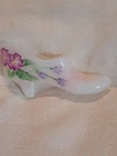 VTG Fenton Art Glass Satin White Slipper Hand-Painted Purple Flowers Signed