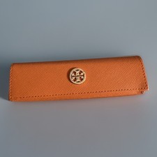 Tory Burch Glasses Case Holder Orange Saffiano Leather Gold Metal Logo Designer