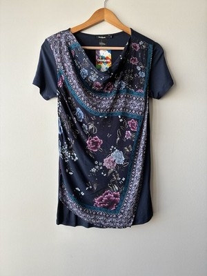 Desigual Multicolor Floral ''Hankerchief'' Art To Wear Stretch Knit Top Sz S
