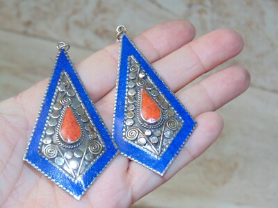Tibetan Handmade Coral and Lapis Lazuli Drop Dangle Earrings Silver 3.75''