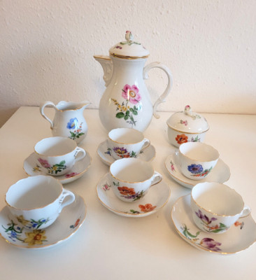 Meissen Porzellan  Mokka Service,  Deutsche Blume,  Moccaservice 6 Pers. 15 tlg.