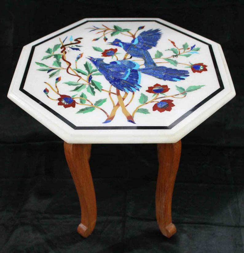 18-Inch Marble Coffee Table with Pietra Dura Stone Inlay and Wooden Base