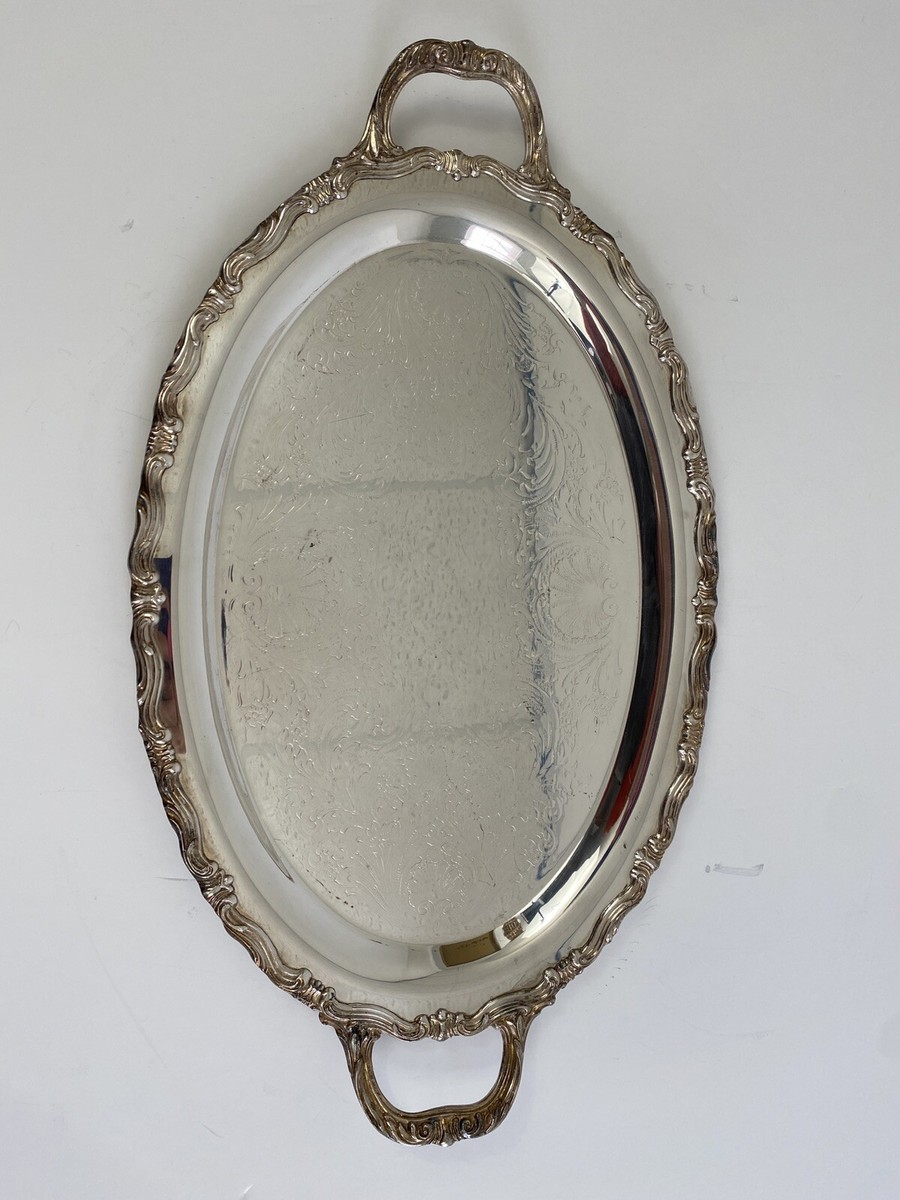 ANTIQUE SILVER PLATE TRAY OVAL SERVING BUTLER'S ORNATE ETCHED SILVERWARE /rb