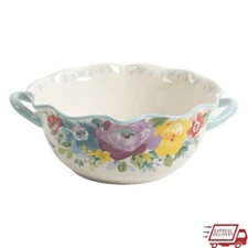 Ceramic Serving Bowl W/ Handles Floral Design Dishwasher Microwave Safe 9.9 inch