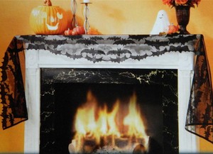Flying Bats Black Lace Halloween Mantel Scarf Decoration Swag