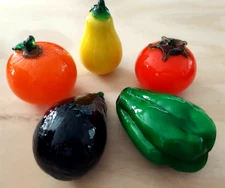 Set of 5  Murano Style  Hand Blown Glass Fruits and Vegetables