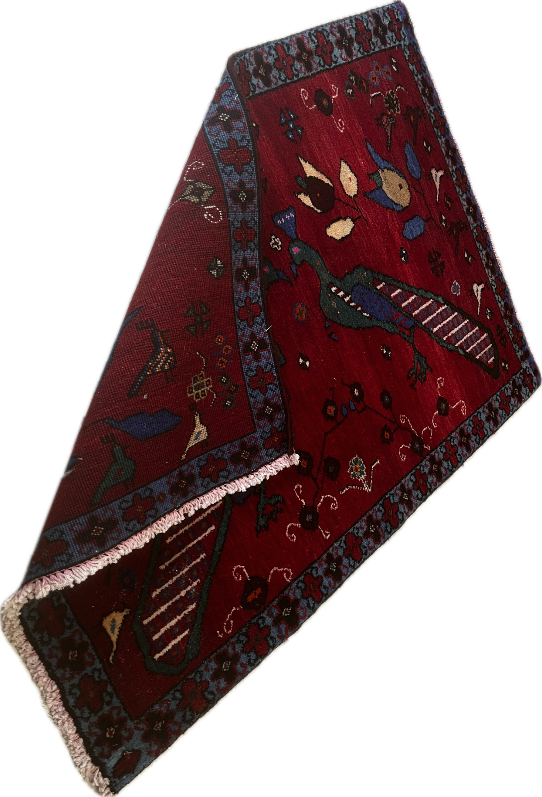 Vintage Oriental Rug 90x60cm - Stylized Peacocks Design - Handmade