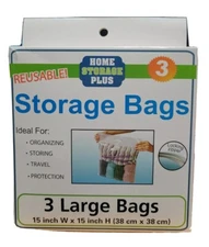 3 LARGE PLASTIC CLEAR STORAGE BAGS HEAVY DUTY REUSABLE ZIP LOCK  15" W X 15" H 