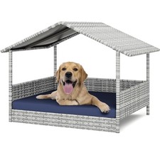 Wicker Dog House Outdoor, Waterproof HDPE Dog Bed with Canopy, Raised Dog Cot...
