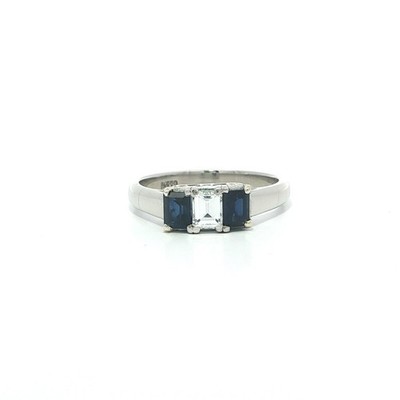 Vintage Platinum 1.02ctw Rectangular Step Diamond & Sapphire 3 Stone Ring