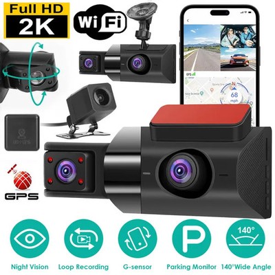 2K Car DVR 3 Channel Dash Cam Camcorder Camera Recorder With 140 Angle GPS WiFi 