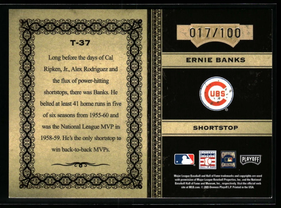 Ernie Banks 2005 Playoff Prime Cuts #T-37 Timeline #/100 Chicago Cubs Foto 2 de 2