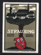 Reklamemarke Straubing, Histor. Stadt in Niederbayern, Ortsansicht mit Wappen 