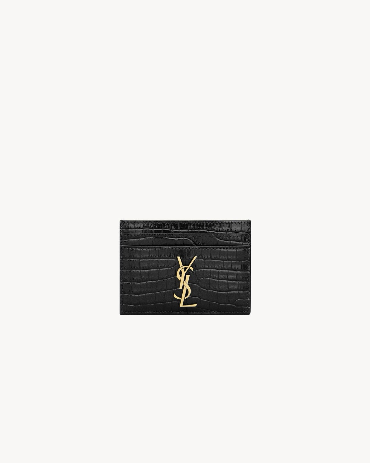 Saint Laurent Black Cassandre Card Case In Crocodile-Embossed Shiny Leather