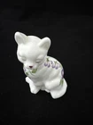 FENTON Cat Figurine White Milk Glass Hand Painted Purple Flowers Signed S. Smith
