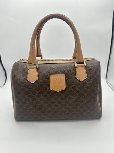 Vintage Celine Macadam Boston Bag Brown Leather Monogram Designer Purse Y2K