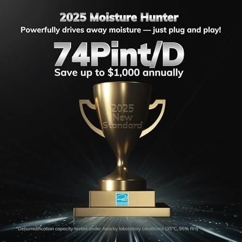 Deshumidificador AEOCKY 74 pintas - 4500 pies cuadrados, Energy Star 2025, control inteligente Foto 4 de 4