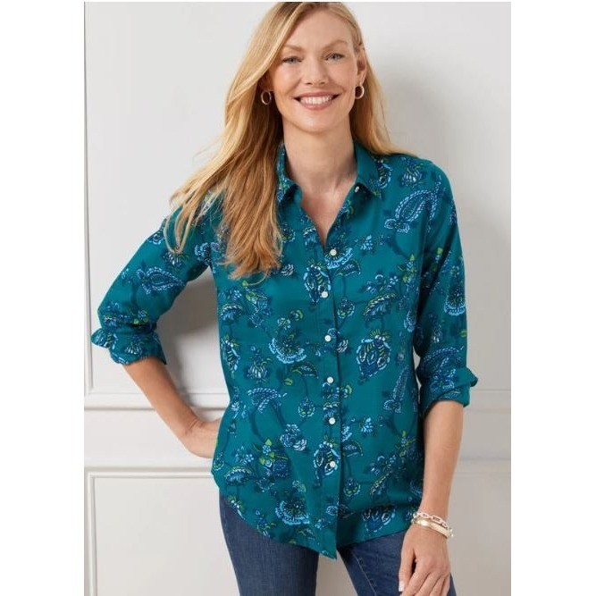 Talbots Size LP Button Down Shirt Teal Floral Paisley Cotton Petite Long Sleeve