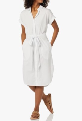 Amazon Essentials Women's Short Sleeve Button Belted Shirt Dress, L, SMALL STAIN