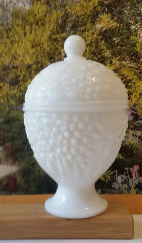Vintage Milk Glass Covered Candy Dish, Avon. Farmhouse Floral Design Pedestal
